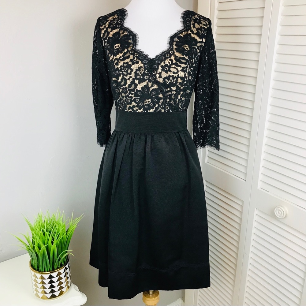 Eliza J Black nCream eyelash lace cocktail dress.